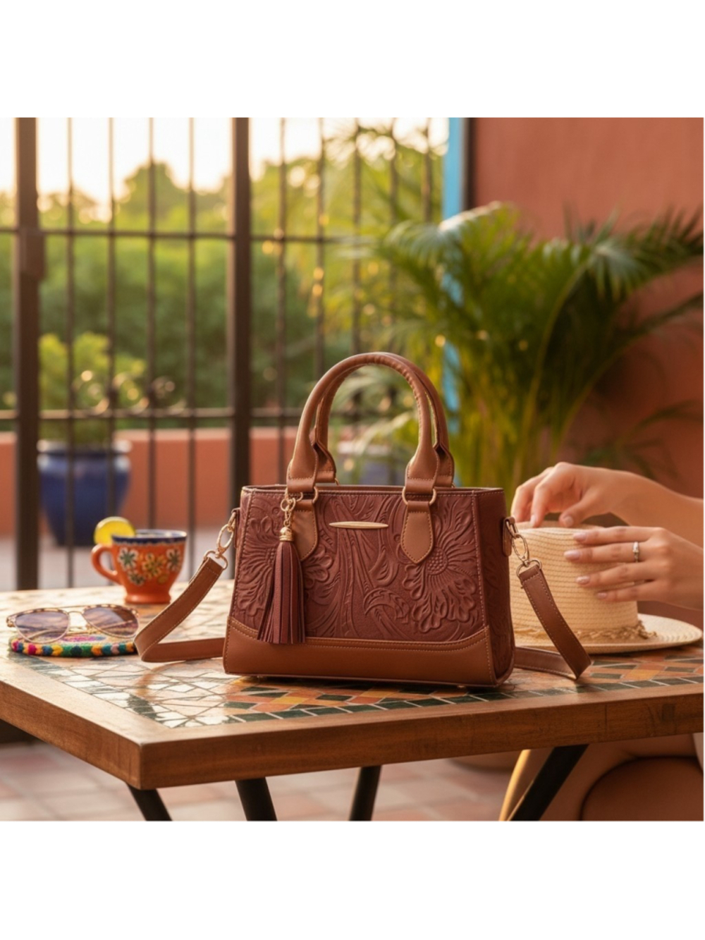 Wine Red Brown Tasseled Floral Embossed Tooled Artisan LEATHER Crossbody Purse